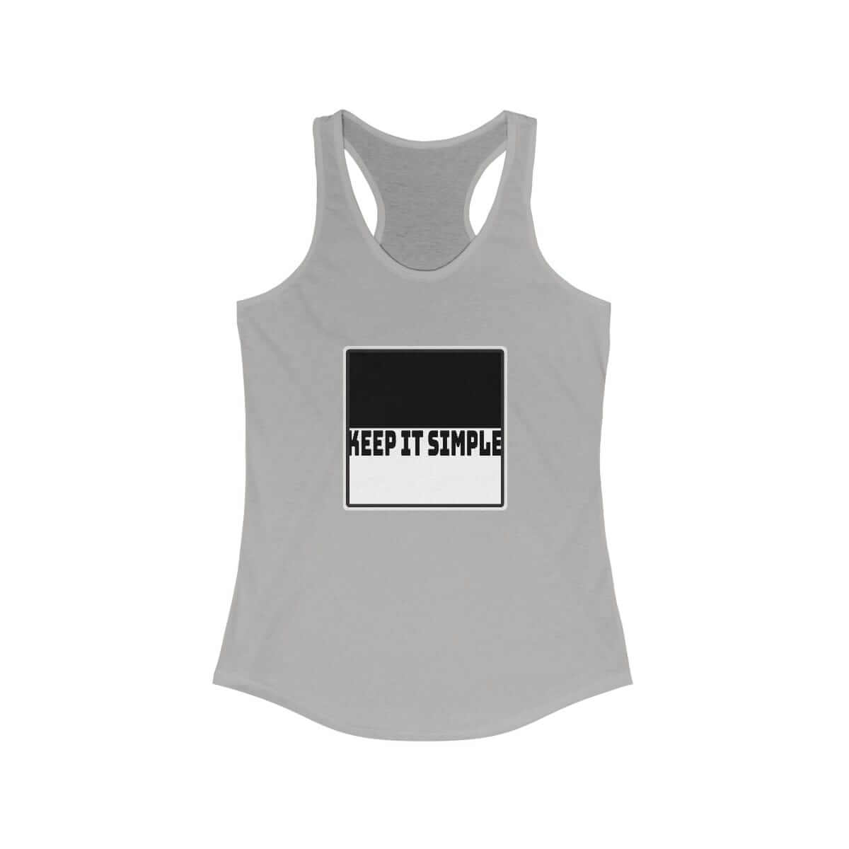 Gray cotton tank top with scoop neckline and bold black and white 'KEEP IT SIMPLE' text printed on front
