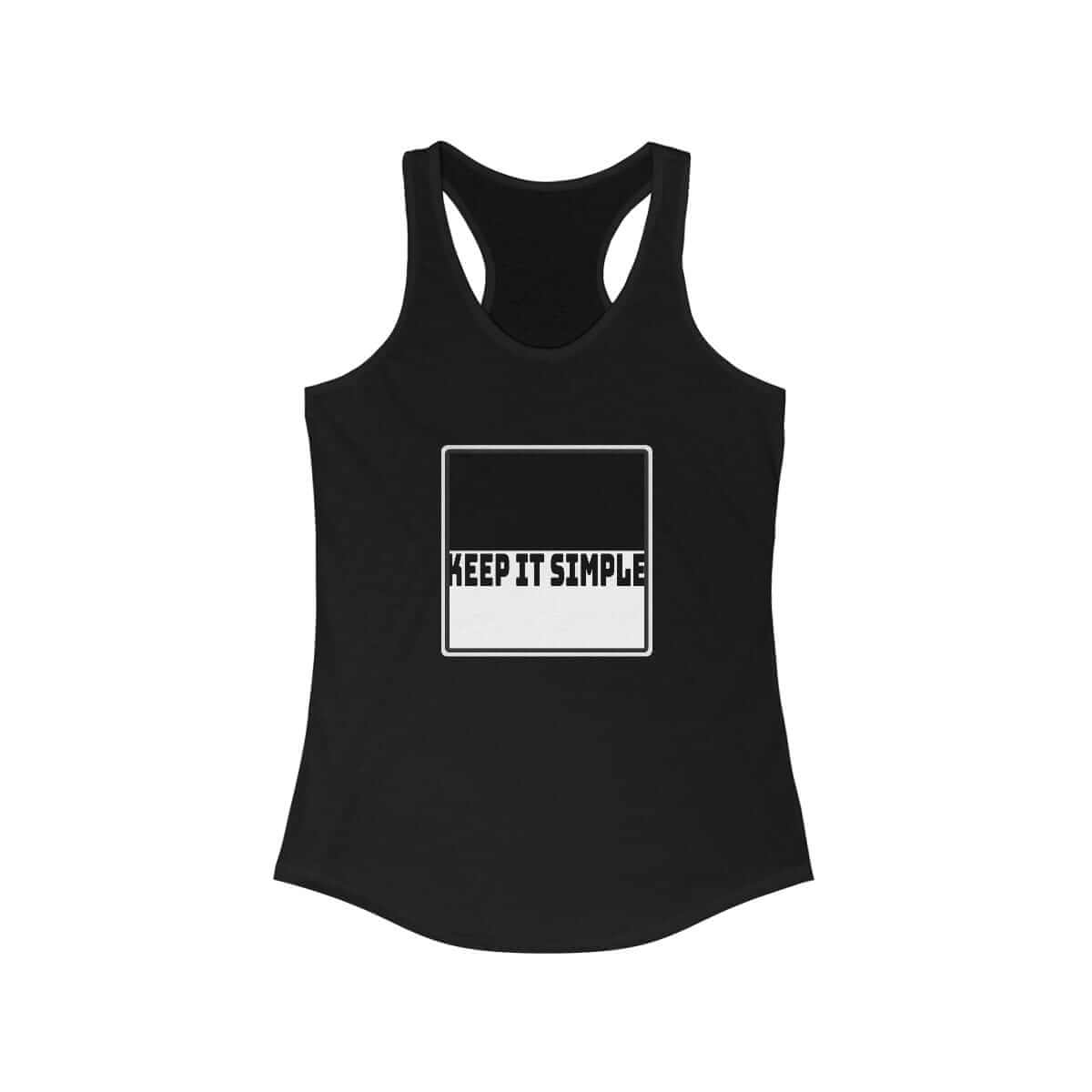 Black cotton tank top with square white print design featuring bold text that reads KEEP IT SIMPLE on front