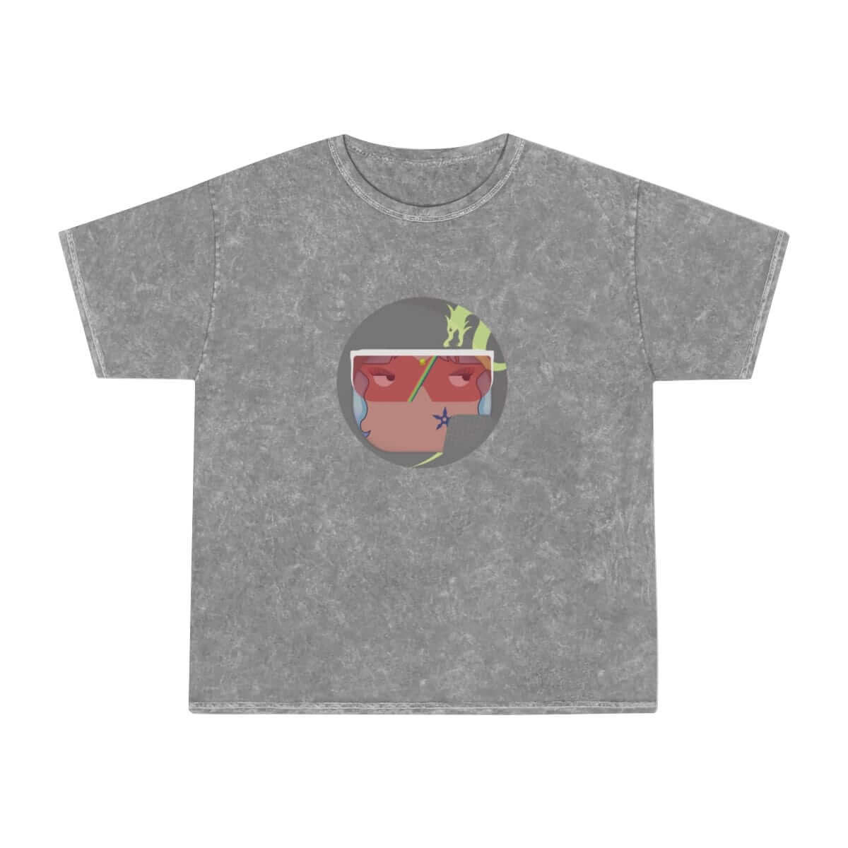 Gray cotton T-shirt with a distressed wash featuring a vivid abstract face graphic on the front