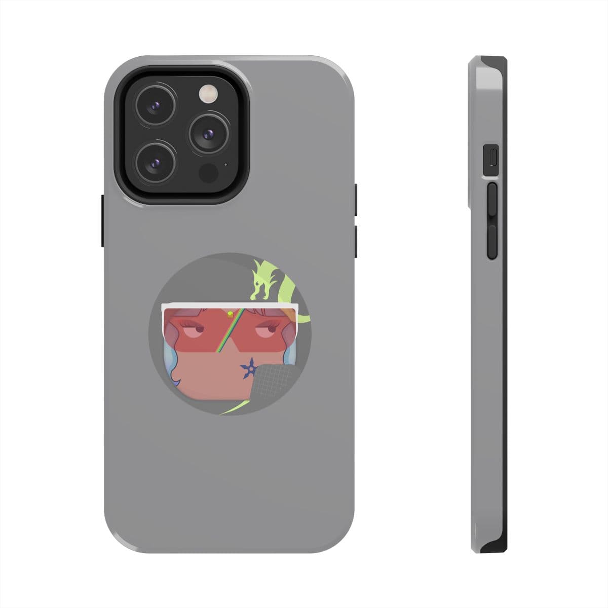 Gray silicone phone case with cartoon eyes and a yellow dragon graphic on the back panel