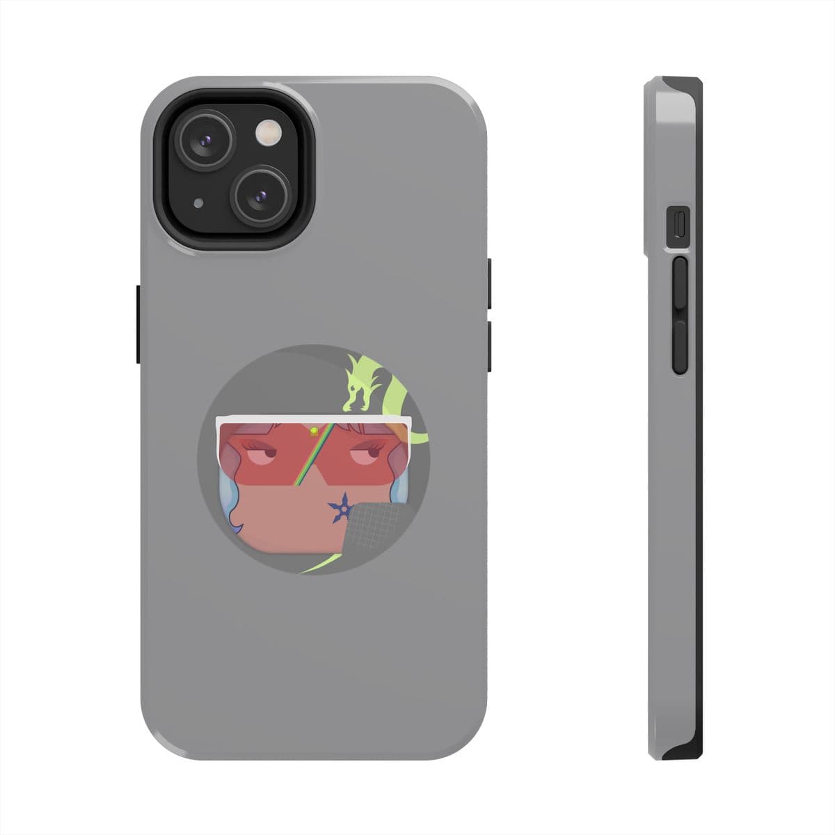 Gray silicone phone case with matte finish featuring a central circular graphic of stylized eyes and abstract shapes