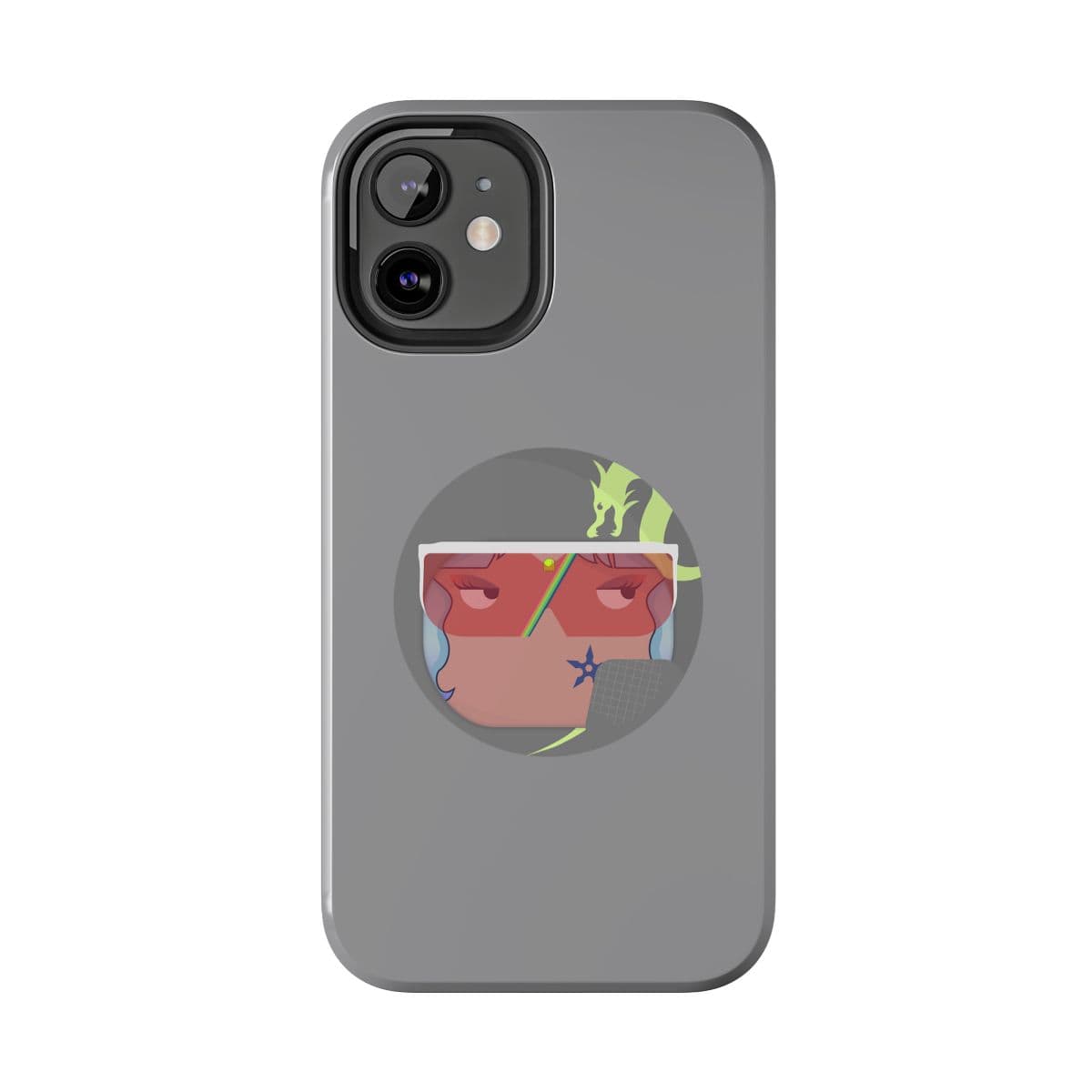 Gray plastic phone case for iPhone 14 Pro featuring a circular sticker with red stylized eyes and abstract design