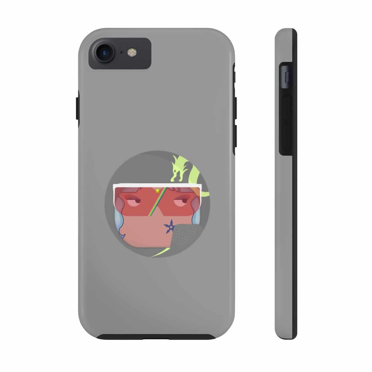 Gray silicone phone case with abstract line art face design and camera cutout for iPhone 14 Pro