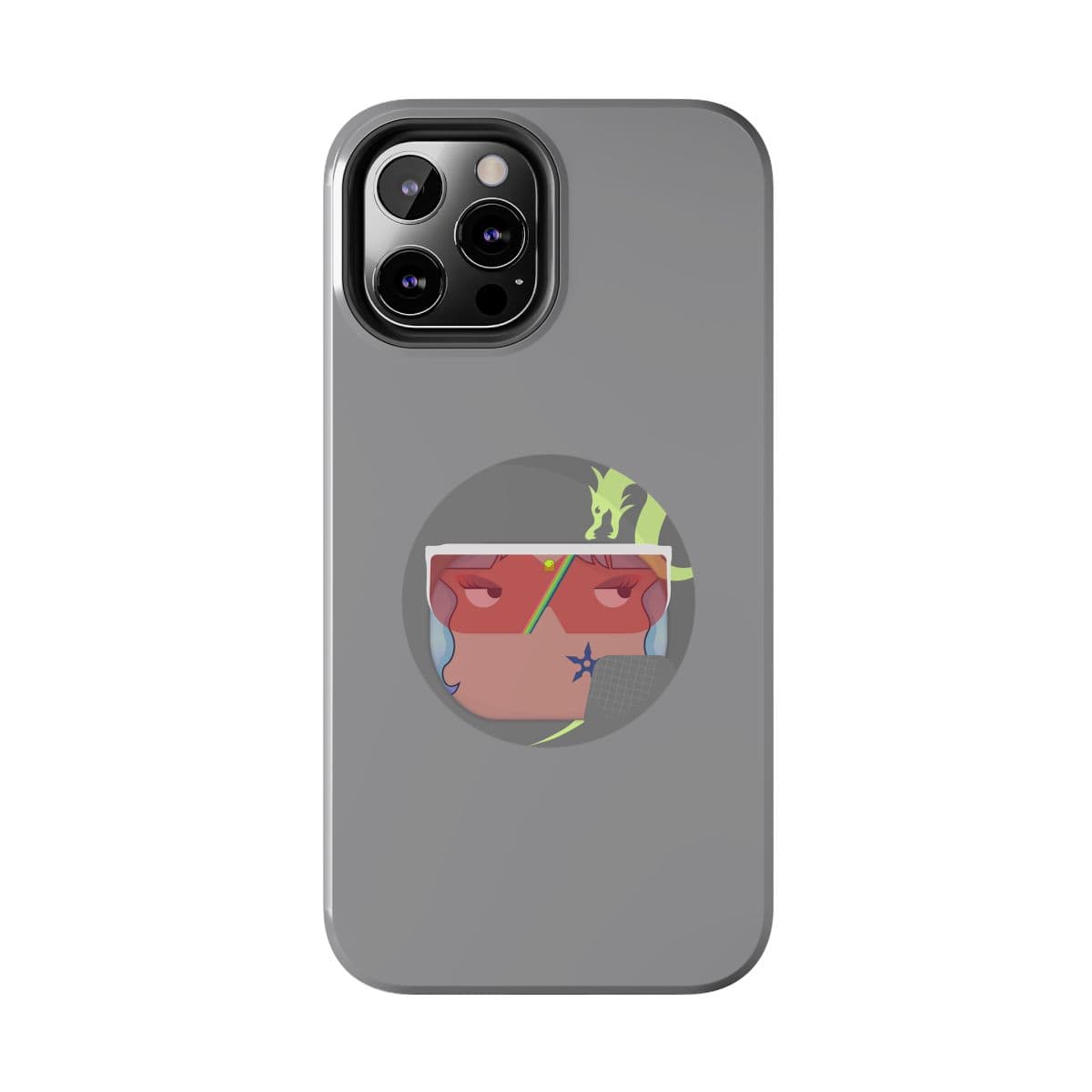 Gray plastic phone case for iPhone 15 featuring an abstract colorful face design centered on the back panel