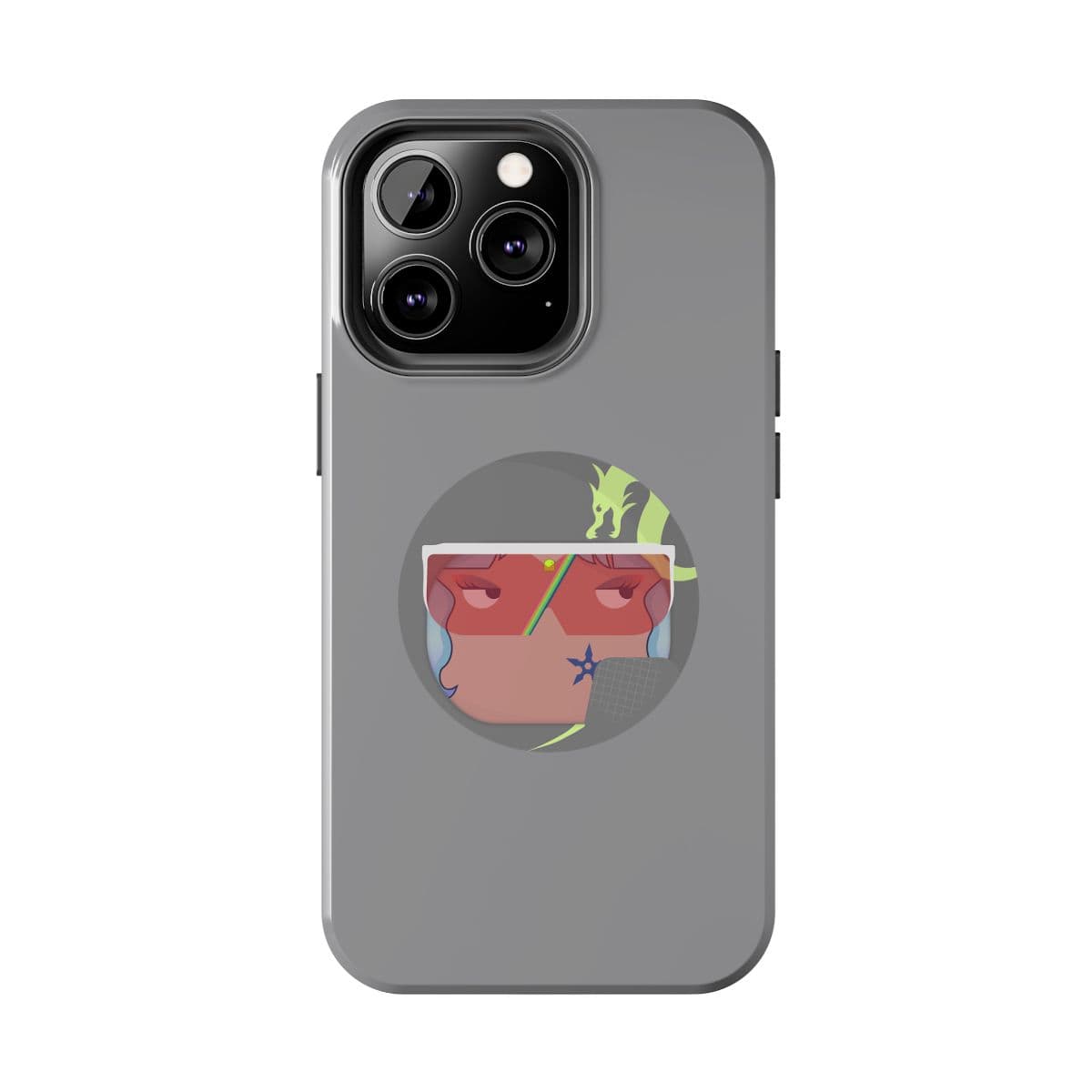 Gray plastic phone case in contemporary style featuring abstract face artwork and vibrant dragon sticker on back