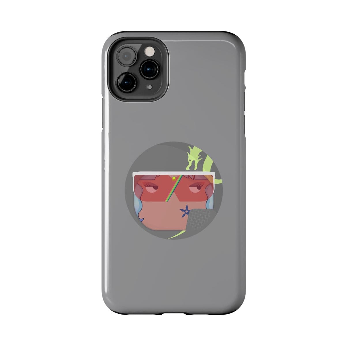 Gray silicone phone case with a colorful abstract cartoon face design centered on the back panel