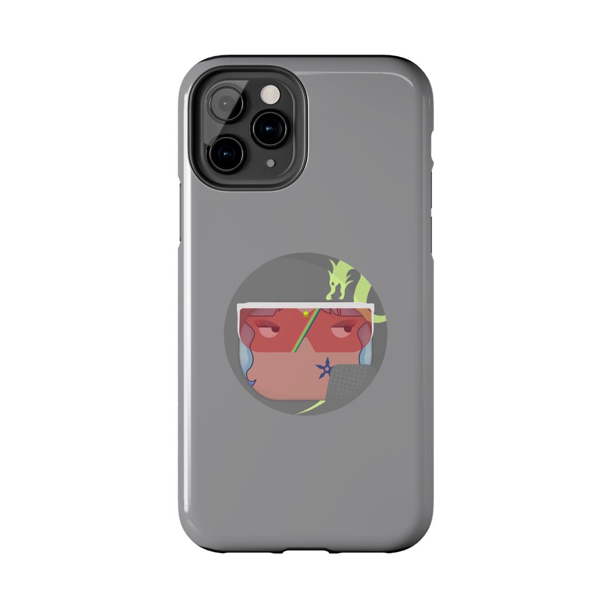 Grey plastic phone case with abstract line-drawn face art in red and green against a minimal matte finish