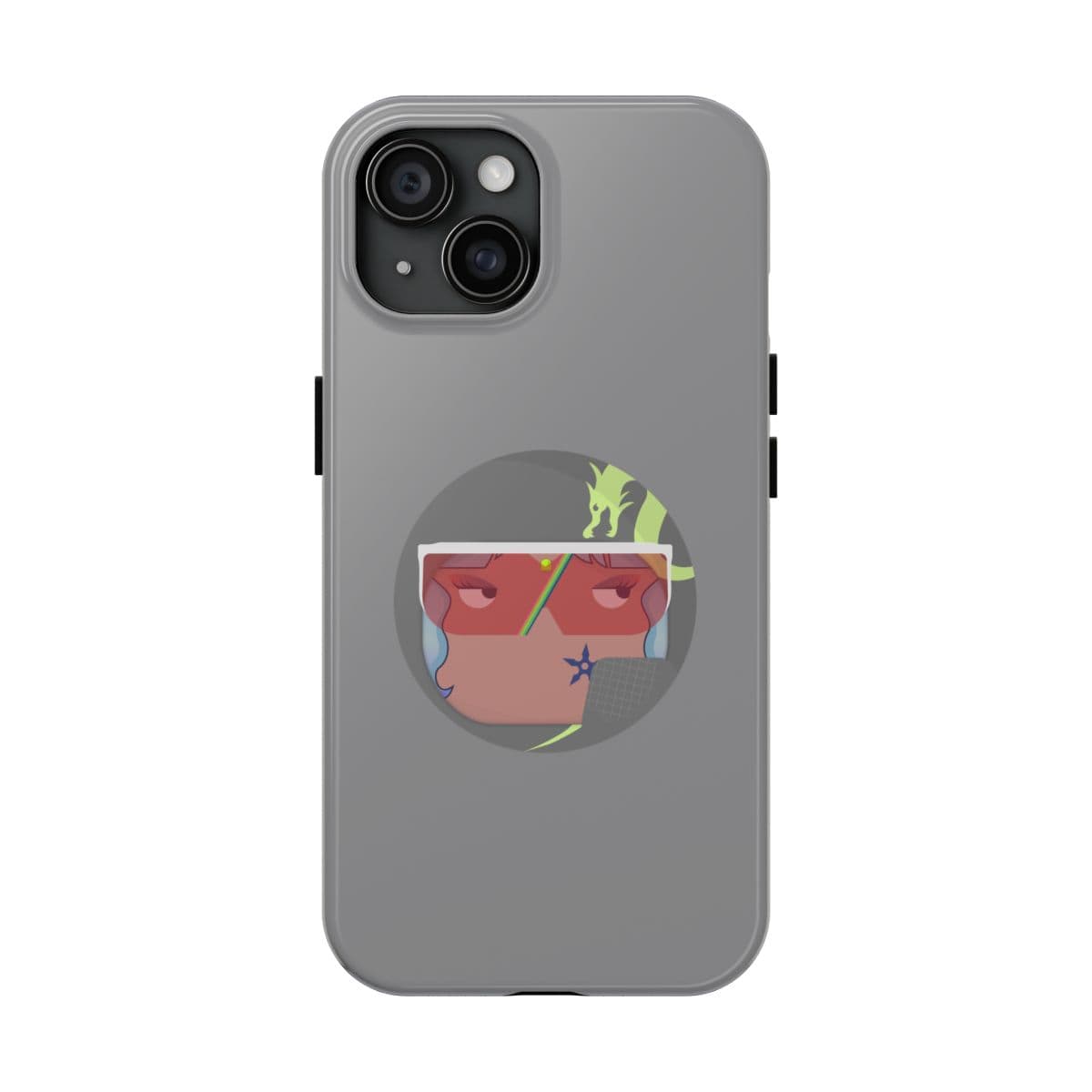 Gray silicone phone case for iPhone featuring abstract face design with red glasses, green shapes, and a small dragon