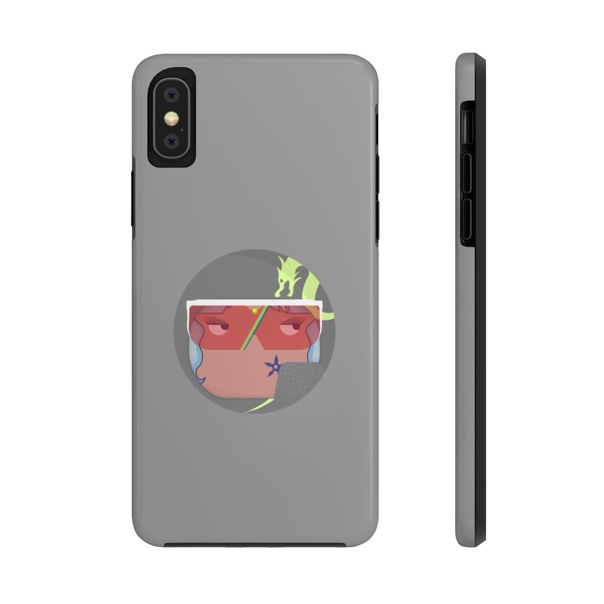 Gray plastic phone case with bold abstract face illustration in blue, pink, and yellow on a matte surface