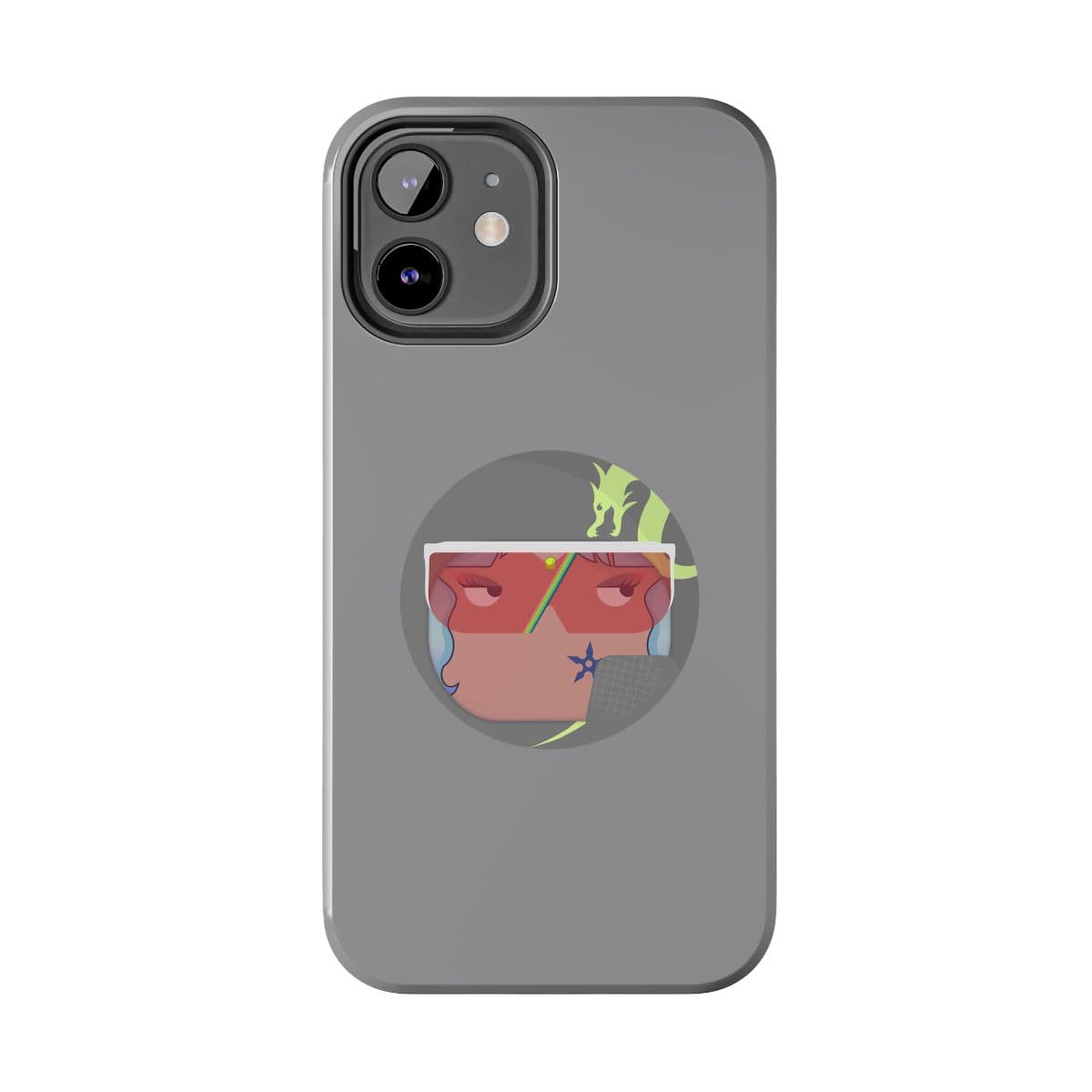 Gray silicone phone case with abstract multicolor face design in red, green, and blue centered on the back