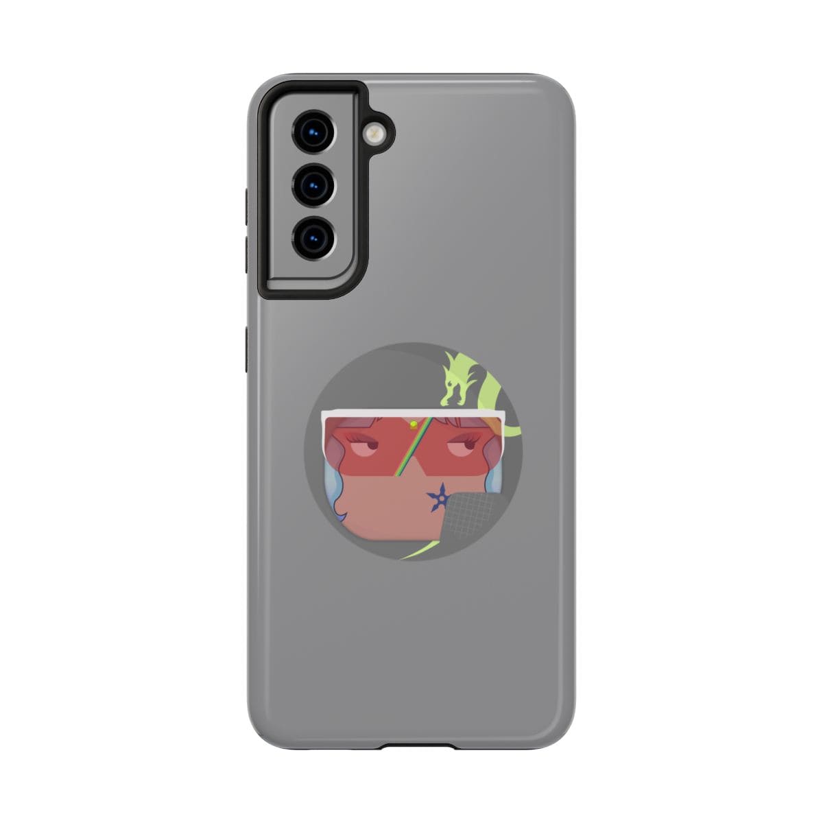 Gray plastic phone case for iPhone 15 Pro featuring a stylized face and central green dragon graphic design