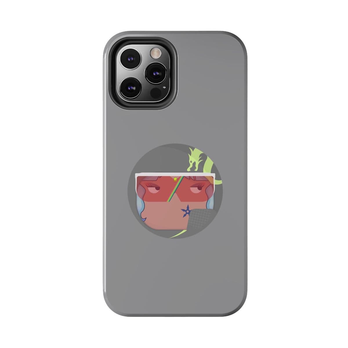 Gray phone case with matte finish featuring a circular abstract red-faced character design in the center