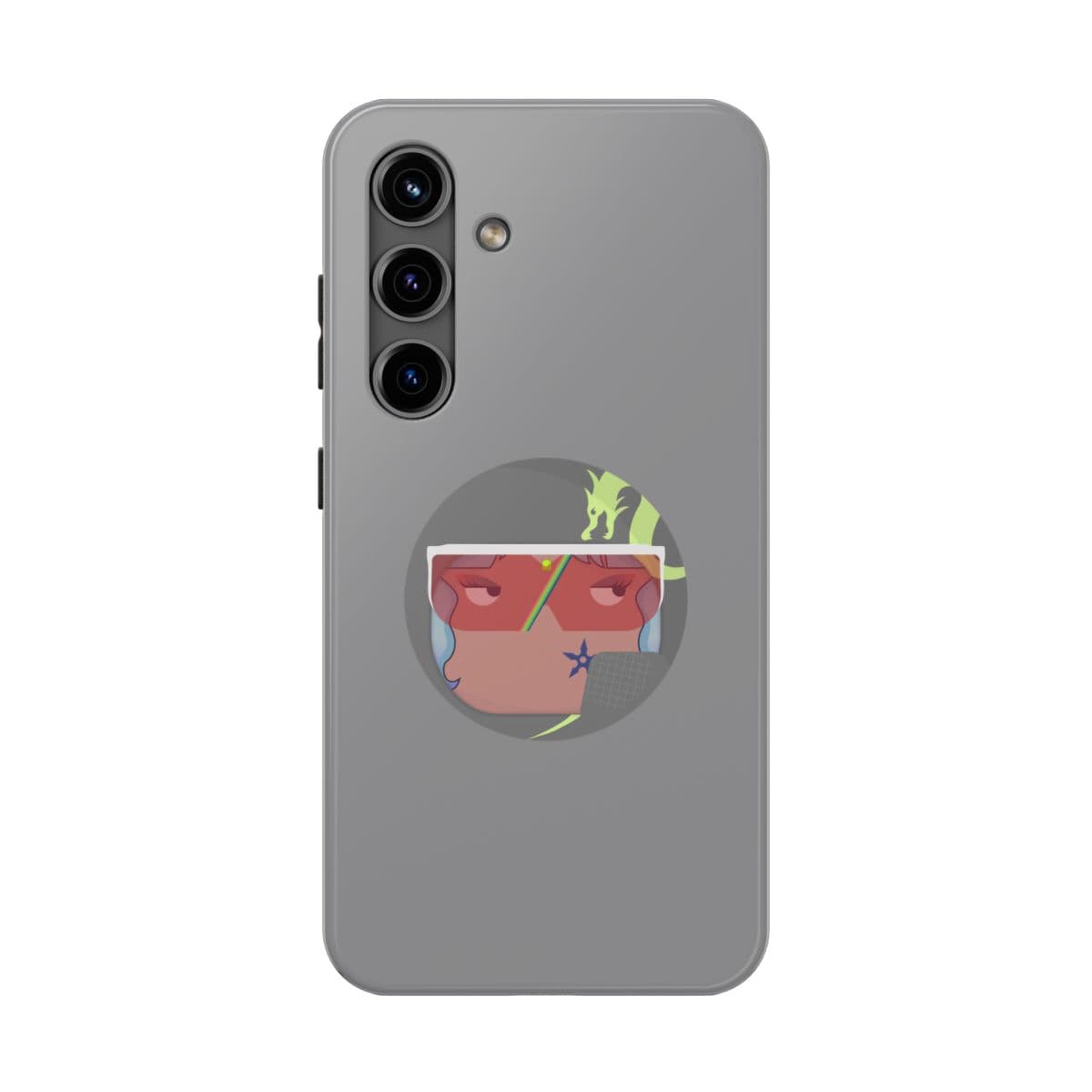 Silver iPhone 15 Pro case with smooth finish and abstract colorful face graphic centered below triple camera cutout