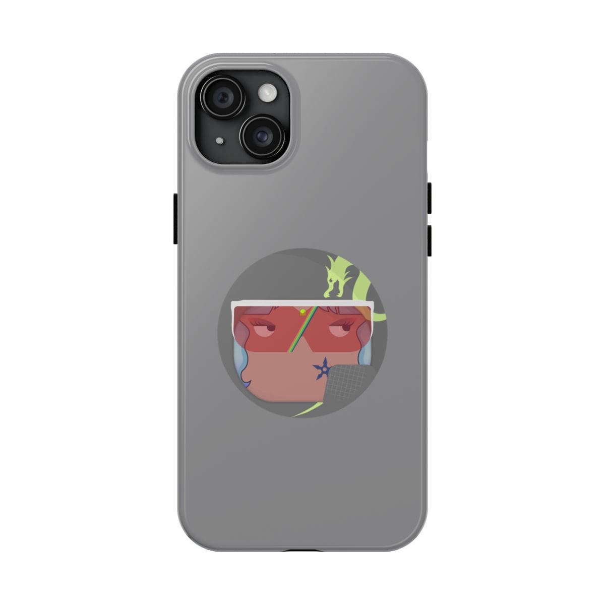 Gray phone case with abstract face art in blue, green, and red on a matte surface and camera cutout visible