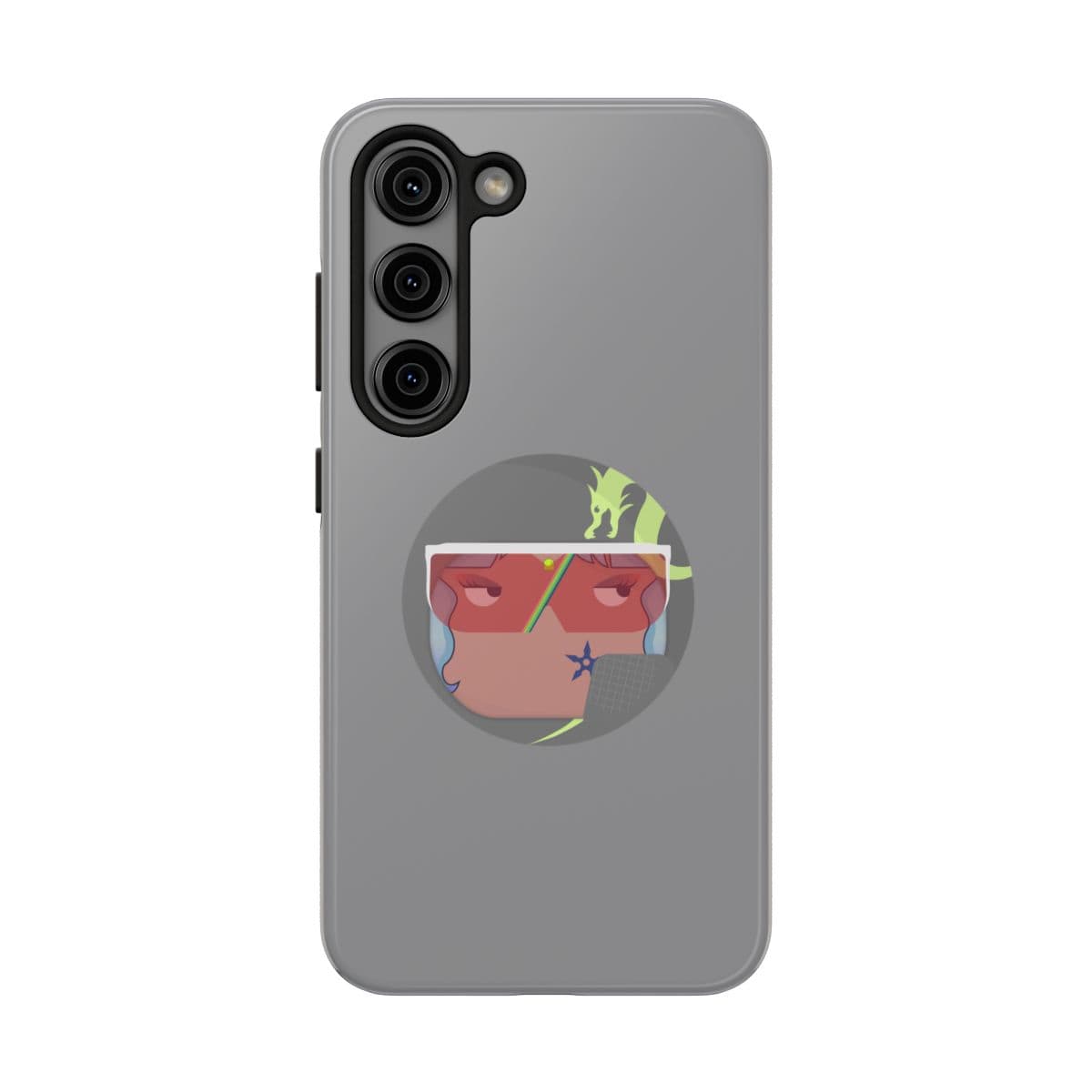 Gray plastic phone case with matte finish featuring abstract circular graphic of stylized eyes on the back panel
