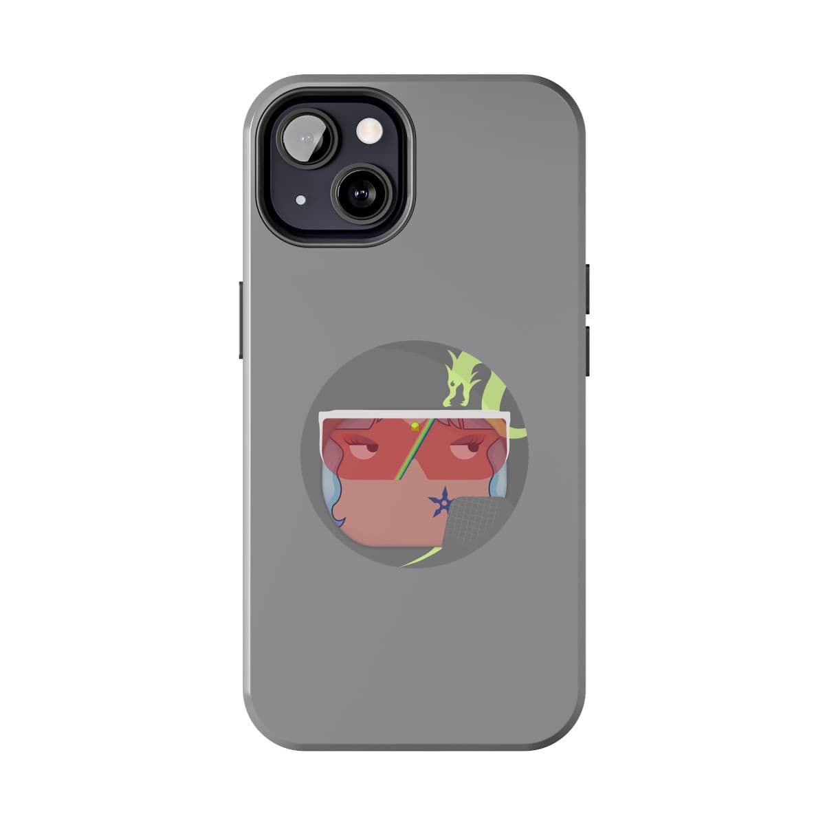 Gray phone case with matte finish featuring colorful abstract face and dragon illustration centered on the back
