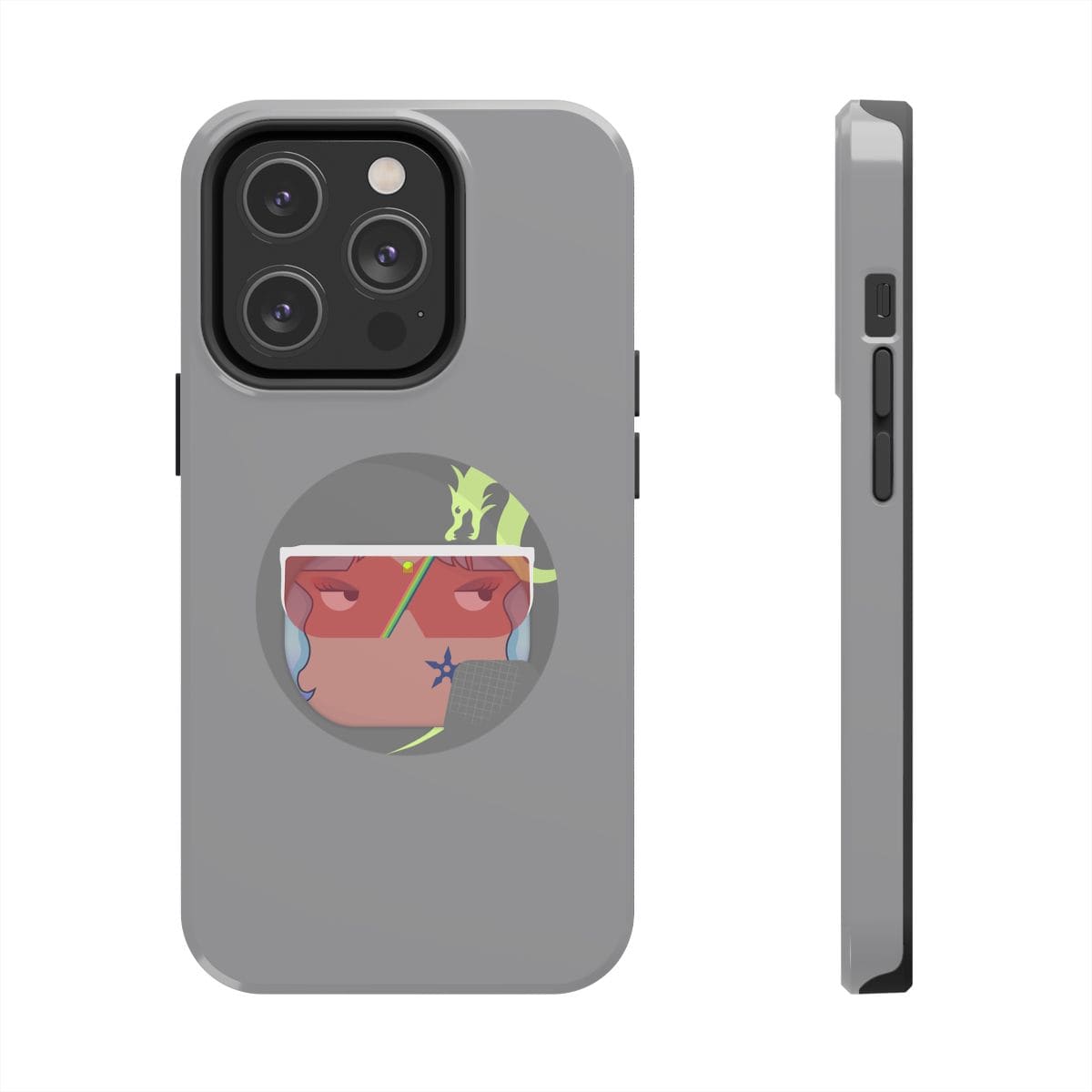 Gray phone case with matte finish featuring abstract face line art and a faint dragon illustration above the camera cutout