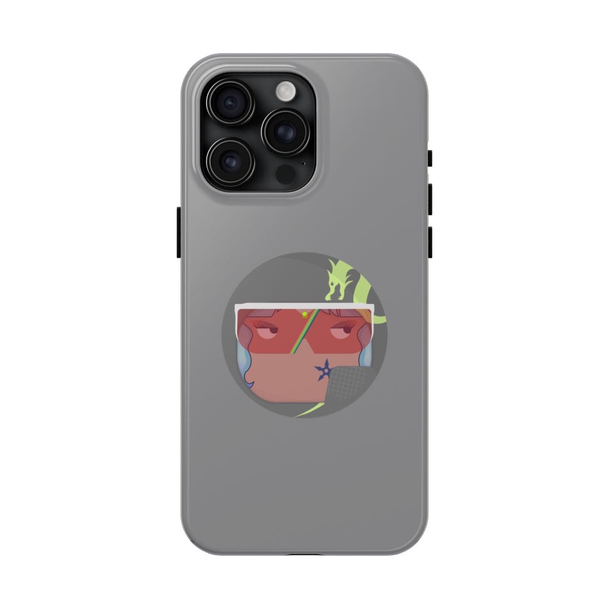 Gray plastic phone case featuring a bold, abstract face illustration in vibrant colors centered on the back