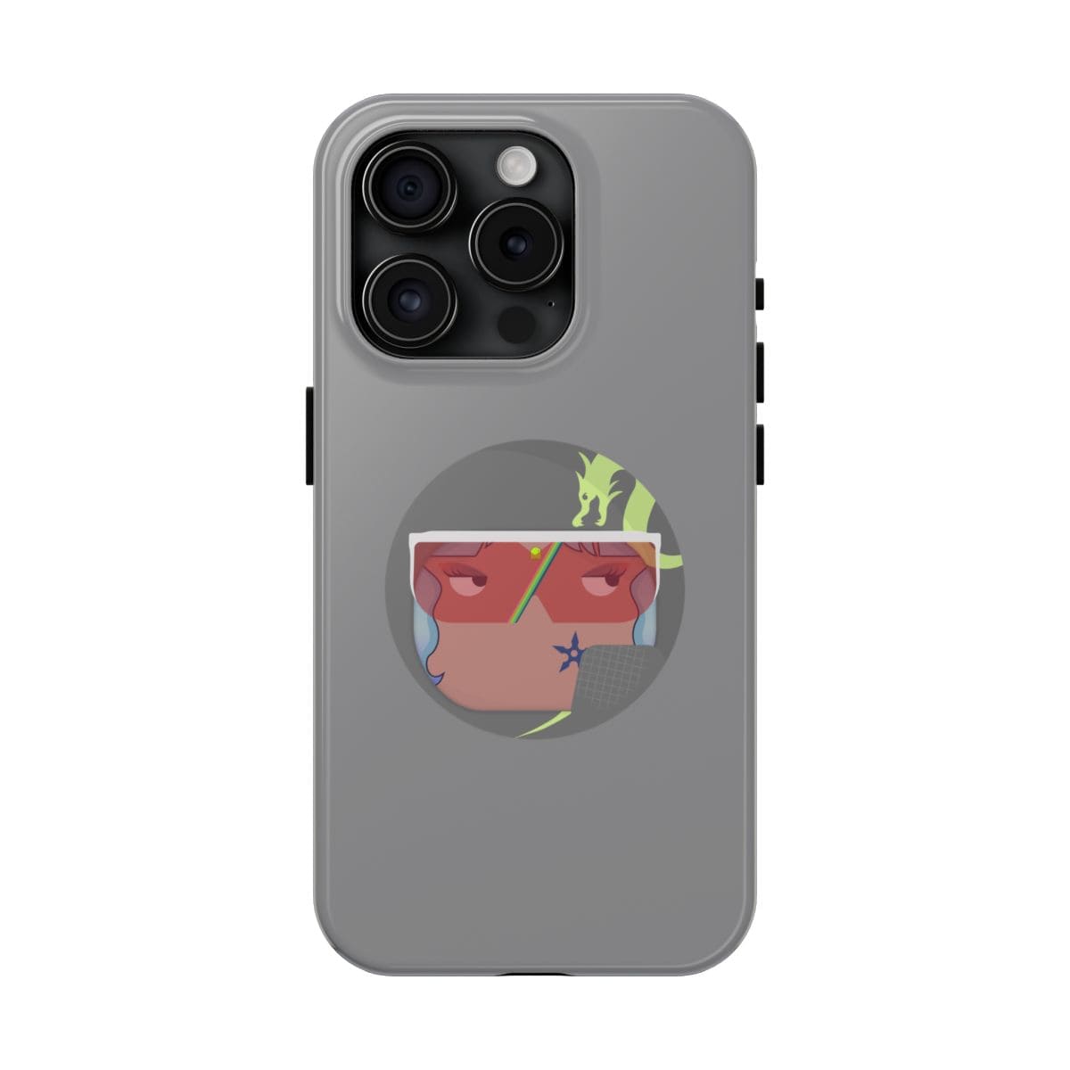 Gray plastic phone case featuring a colorful abstract face design with sunglasses on the back panel
