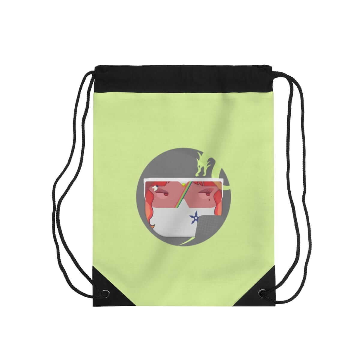 Light green polyester drawstring bag with cartoon smiley face wearing rainbow sunglasses on the front