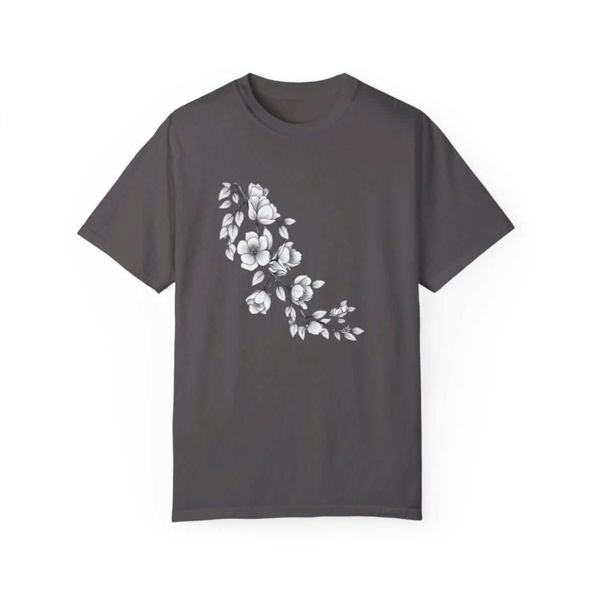 Dark gray cotton T-shirt with white floral graphic design on chest and classic crew neckline