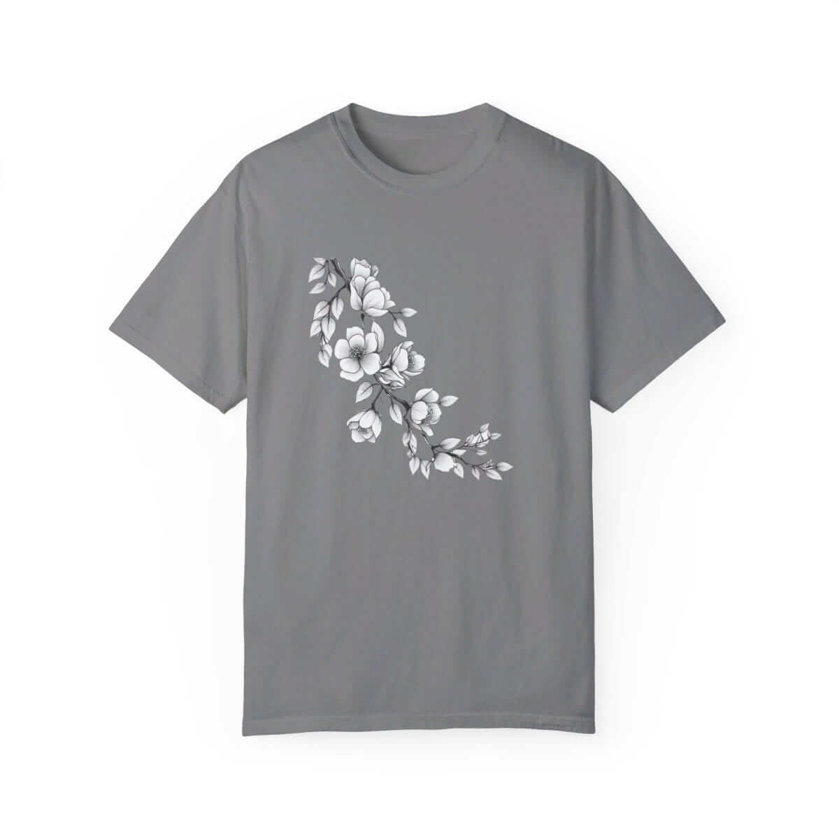 Grey cotton t-shirt featuring a white floral graphic on the chest in a centered and minimalist design