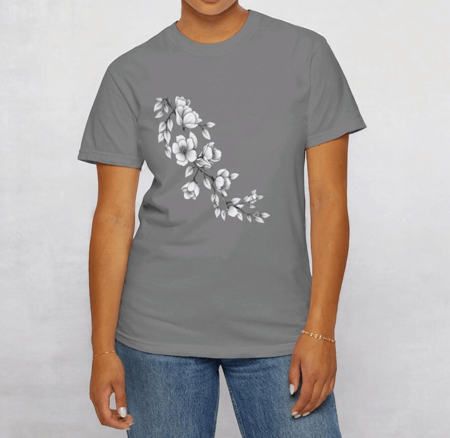 Grey cotton casual t-shirt featuring a white floral graphic on the chest and a classic crew neckline