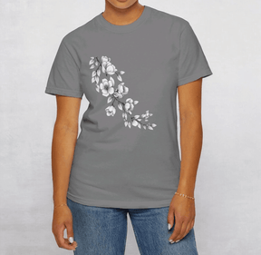 Grey cotton casual t-shirt featuring a white floral graphic on the chest and a classic crew neckline