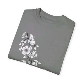 Short-sleeve grey cotton T-shirt featuring a side white floral print and a classic crew neckline