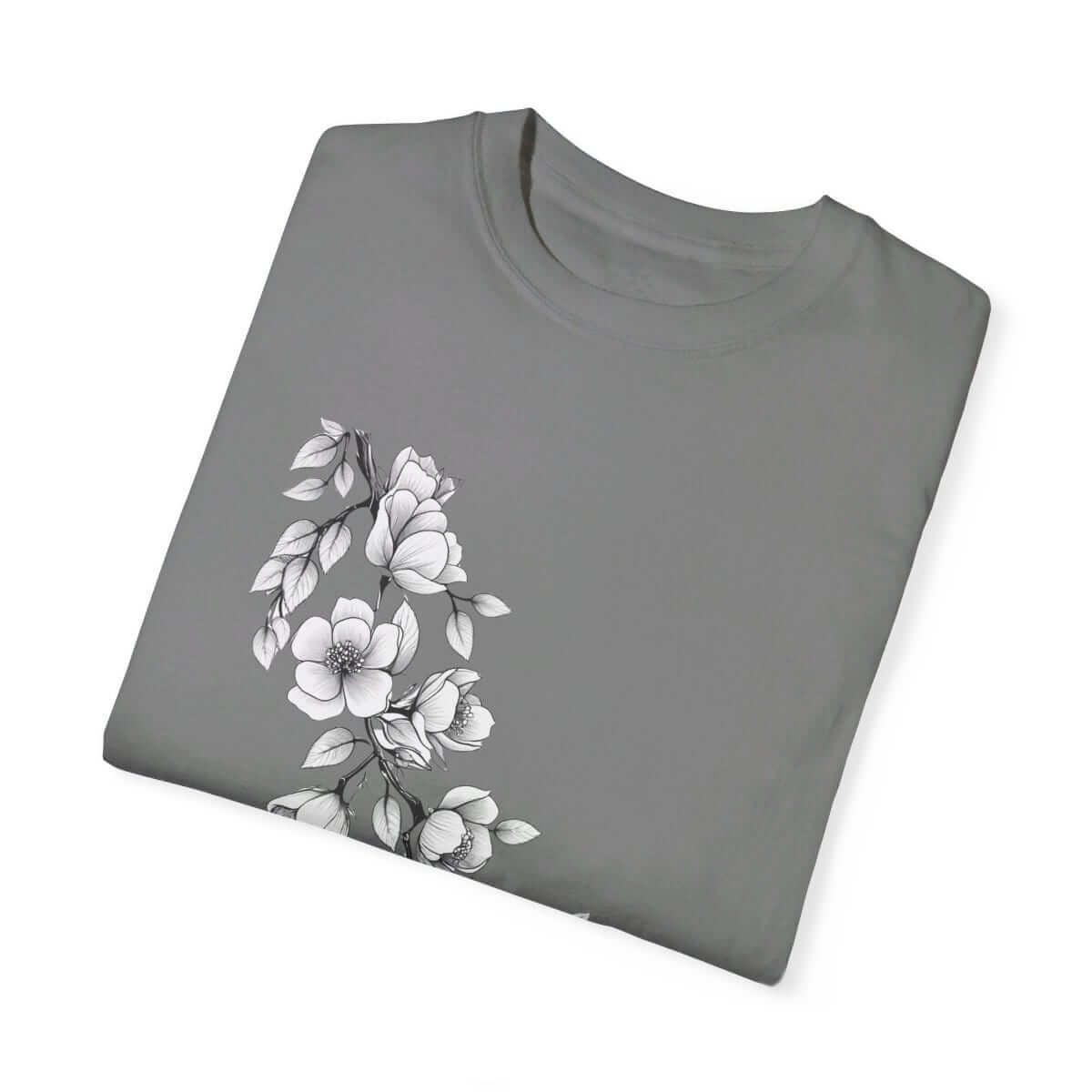 Short-sleeve grey cotton T-shirt featuring a side white floral print and a classic crew neckline
