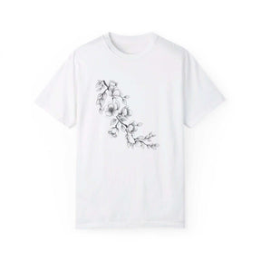 White cotton T-shirt with short sleeves featuring a black floral graphic printed on the center front