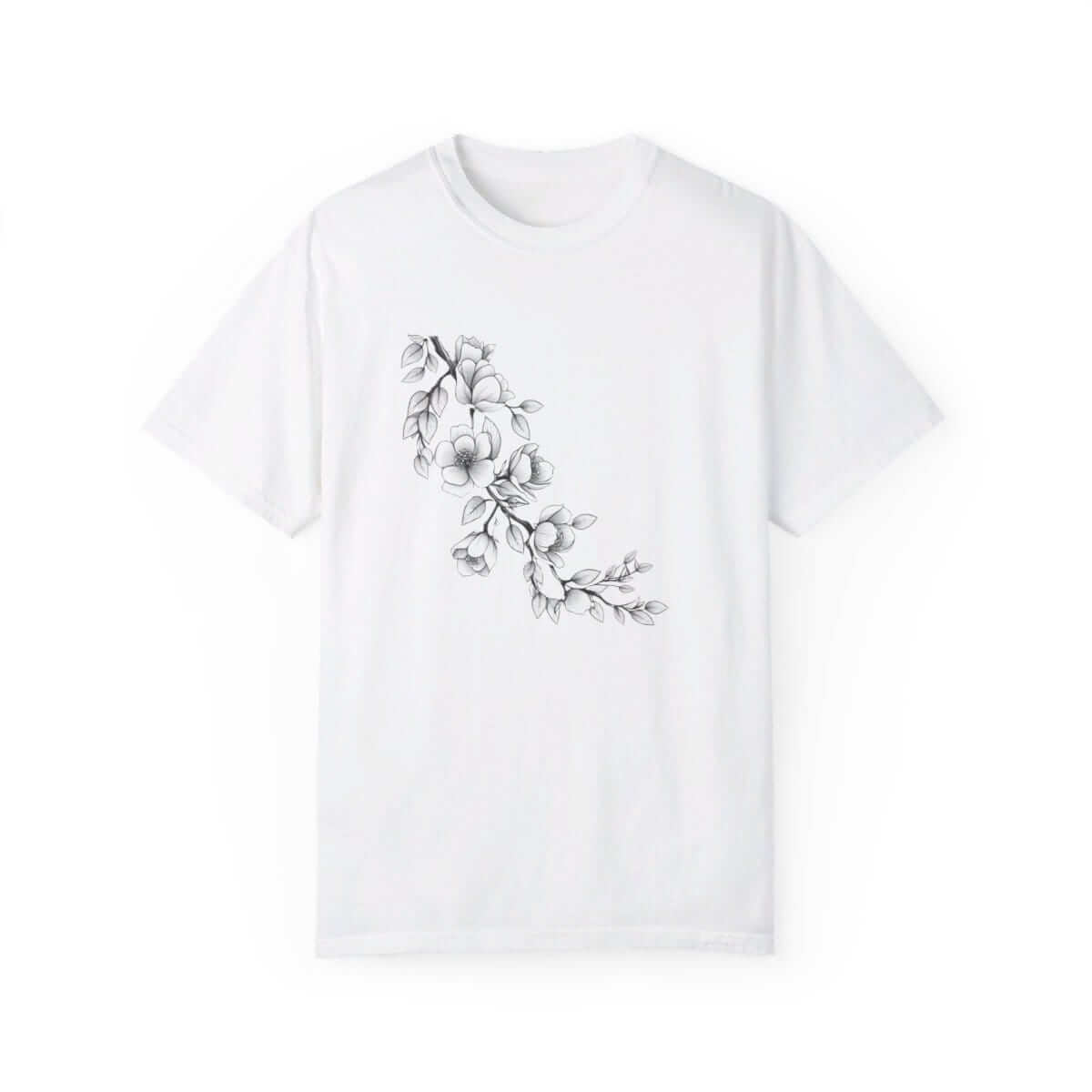 White cotton T-shirt with short sleeves featuring a black floral graphic printed on the center front