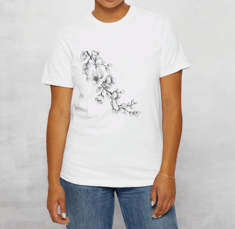 White cotton crew neck t-shirt in a casual fit featuring a colorful floral print on the front