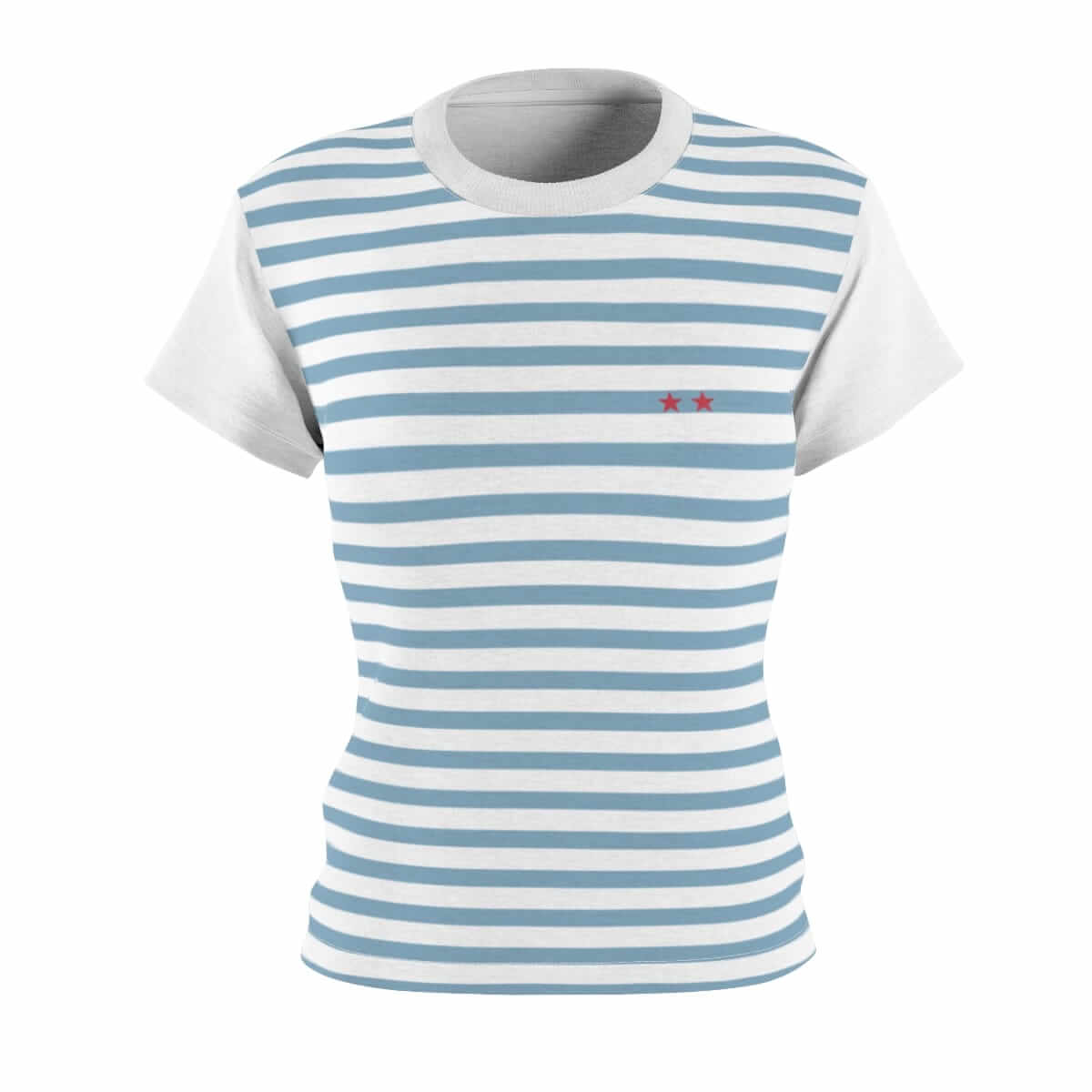 Blue and white striped cotton T-shirt featuring short sleeves and two red star accents on the upper chest