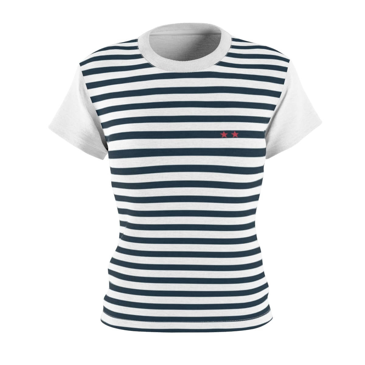 Black and white striped cotton T-shirt with short sleeves and red star graphics printed on the chest