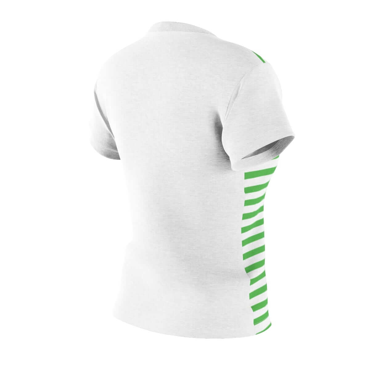 White cotton T-shirt with green side stripes, short sleeves, and crew neck shown from the back view