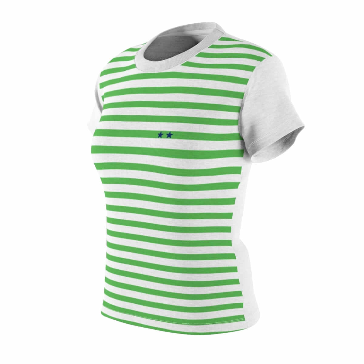 Cotton t-shirt with white and green horizontal stripes, blue star print, short sleeves and casual crew neck design