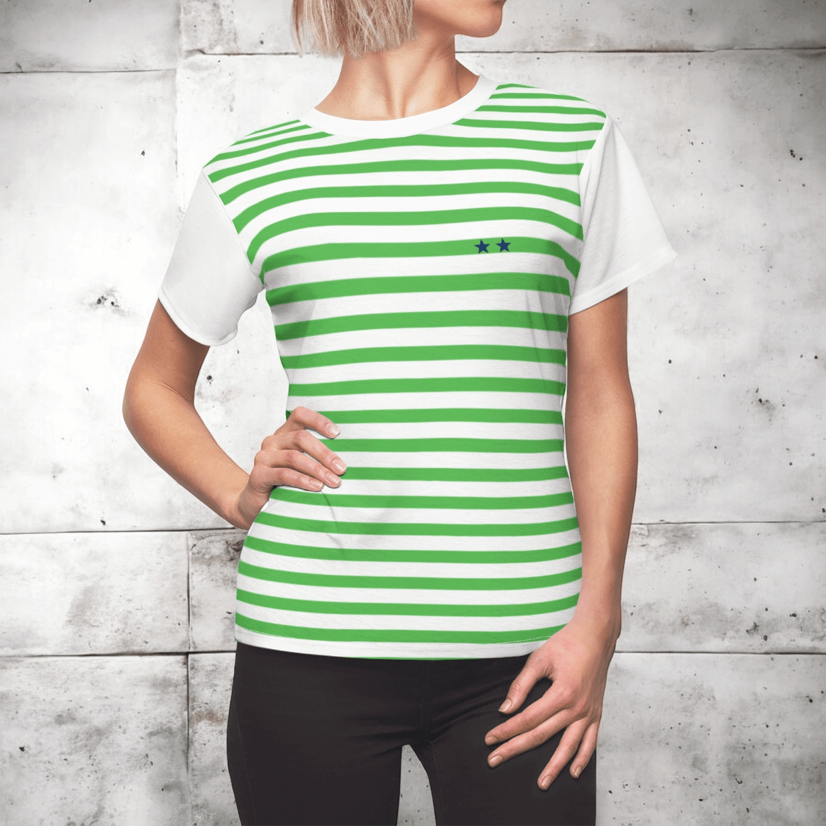 Green and white striped shirt made of lightweight cotton, featuring short sleeves and two embroidered black stars