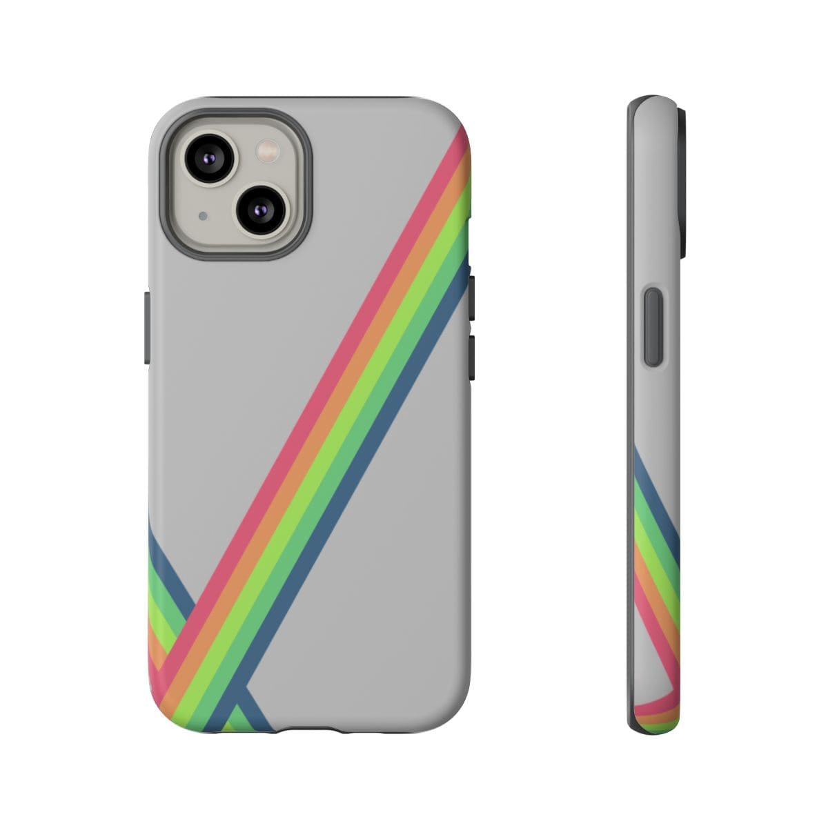 Gray phone case with smooth matte finish and diagonal rainbow stripes across the back for a colorful design
