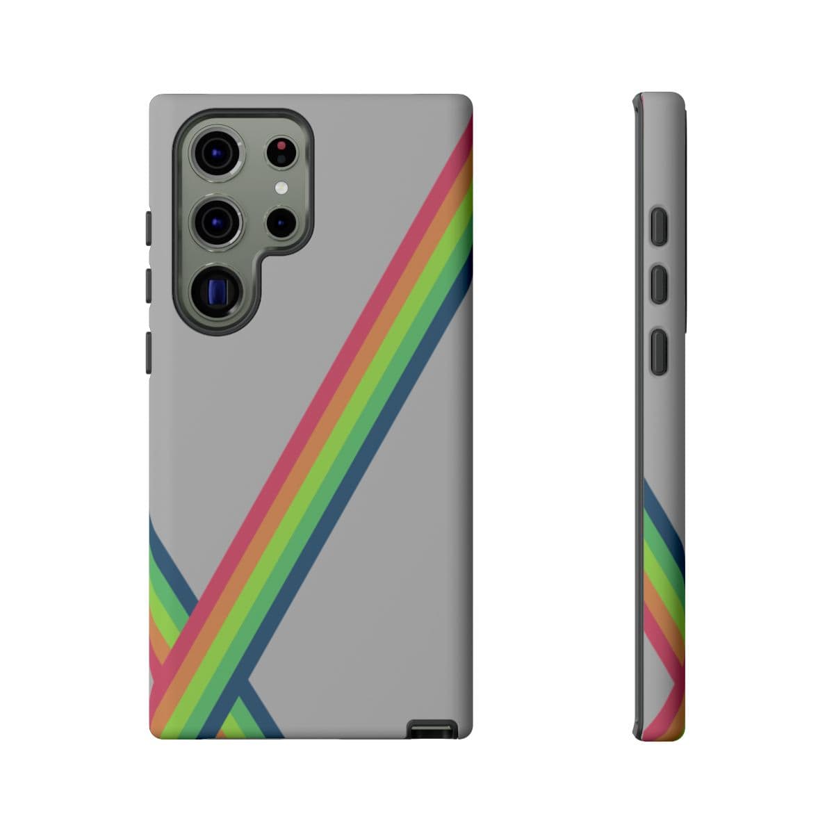 Grey phone case with diagonal rainbow stripes and a multi-camera cutout on a smooth matte finish