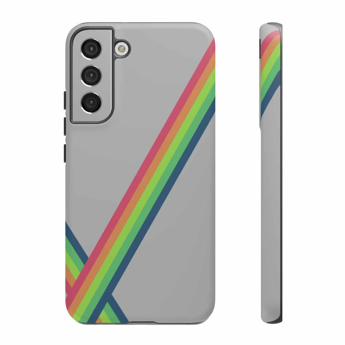 Gray phone case with a matte finish featuring diagonal rainbow stripes and a triple-lens rear camera cutout