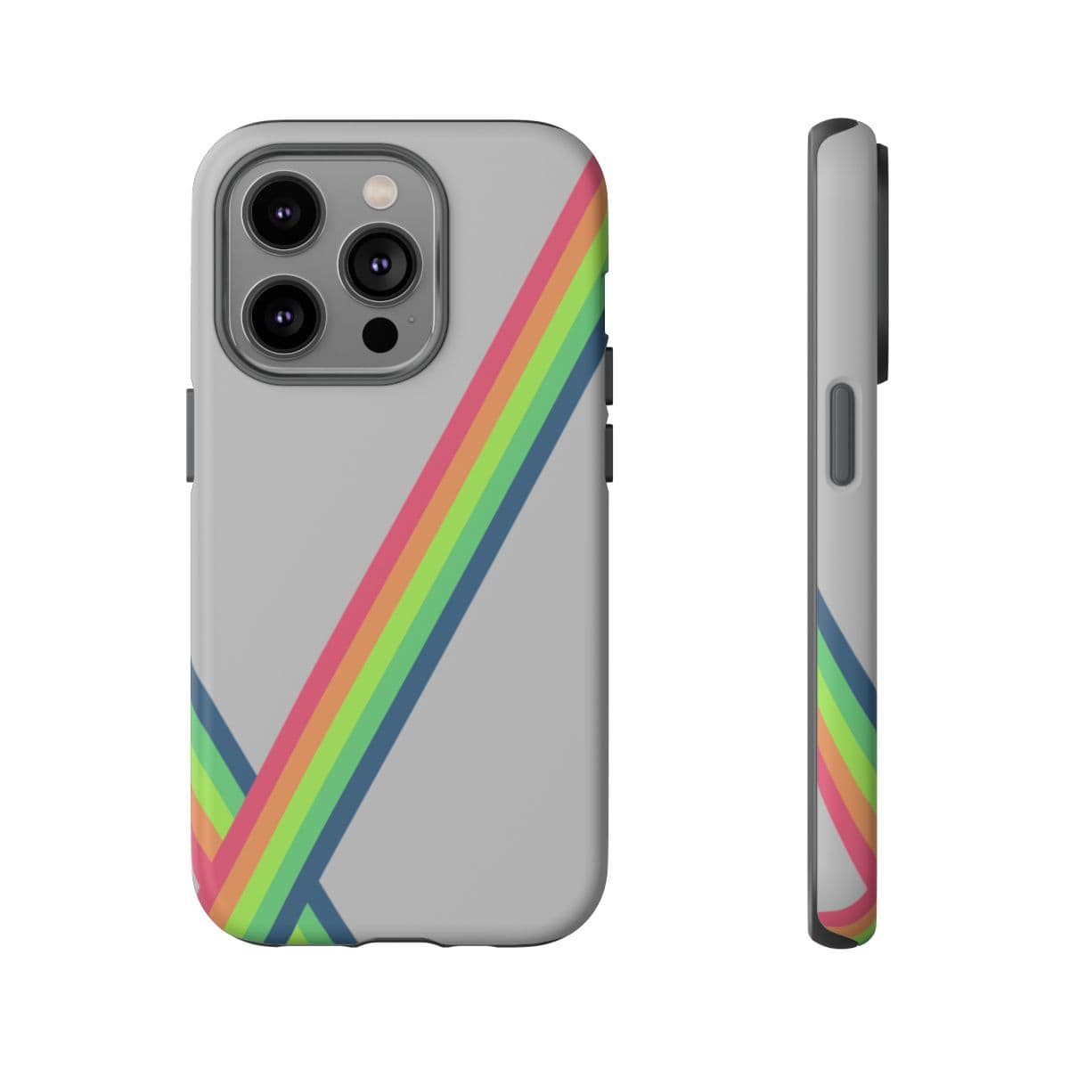 Grey matte phone case with vibrant multicolor abstract pattern designed for iPhone 14 Pro featuring precise camera cutouts and slim fit