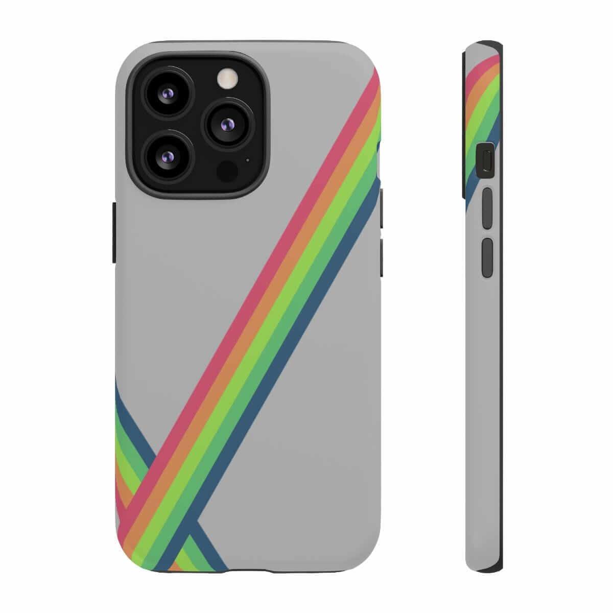 Grey phone case with smooth matte finish and vibrant diagonal rainbow stripes across the back for contrast