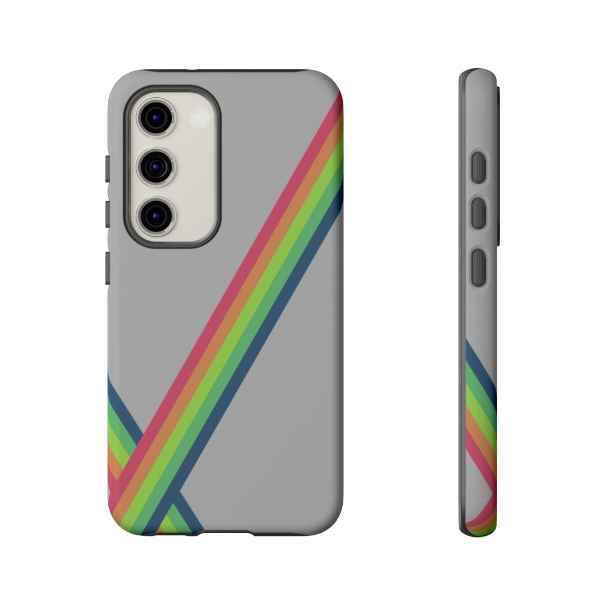 Matte grey phone case designed for Samsung Galaxy S23 with vibrant abstract pattern and smooth finish