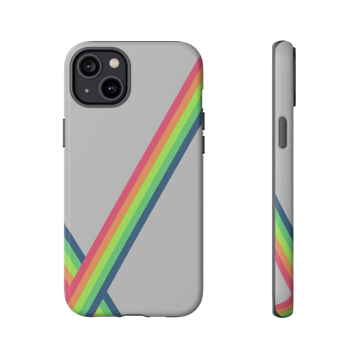 Gray iPhone 14 Plus with matte finish case featuring vibrant colorful abstract artwork on back panel