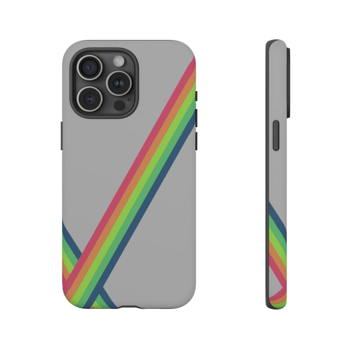 Gray matte hard phone case designed for iPhone 15 Pro Max featuring vibrant multicolor abstract pattern with smooth finish