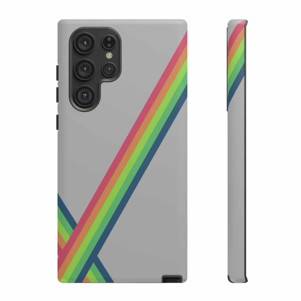 Grey matte phone case for Samsung Galaxy S22 Ultra with a colorful abstract design featuring vibrant yellow and green accents around central shapes