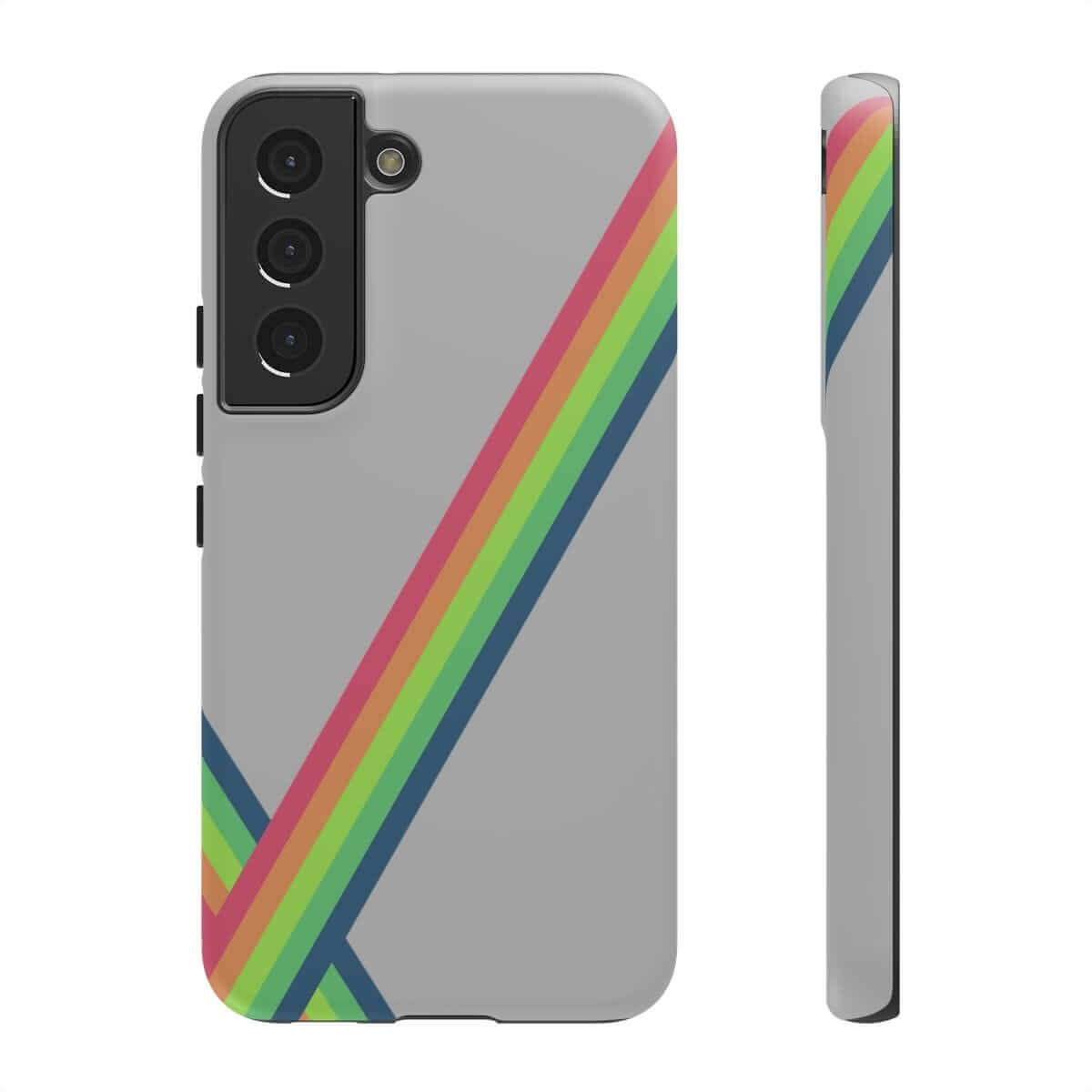 Gray phone case with hard shell design, diagonal rainbow stripes, and matte finish across the back surface