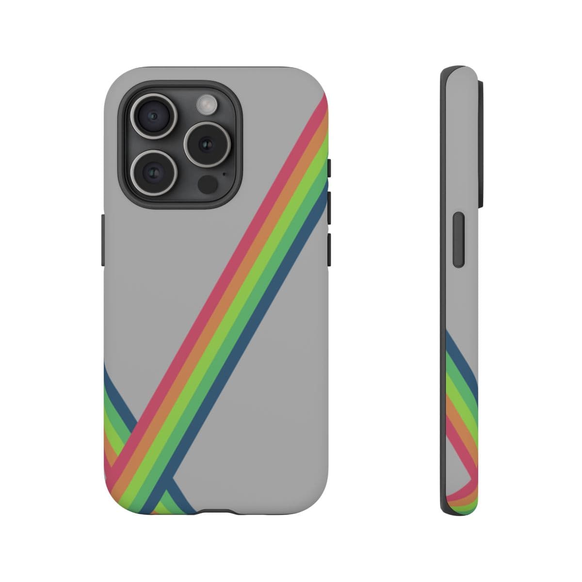 Gray phone case with soft matte finish and diagonal rainbow stripe pattern across the back panel