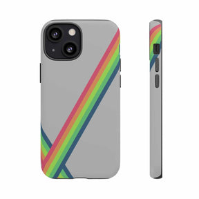 Gray phone case with smooth matte finish featuring vibrant diagonal rainbow stripes across the back panel